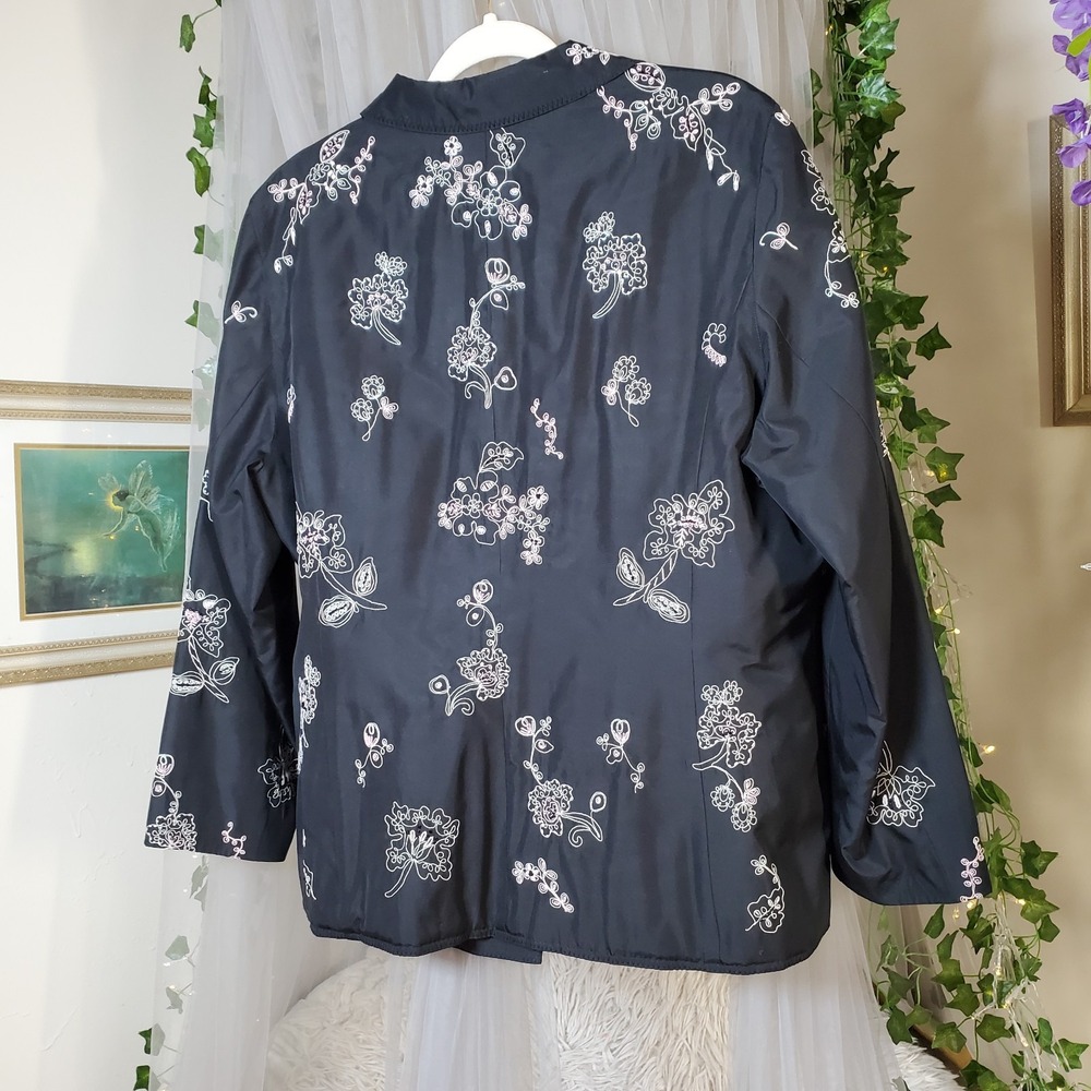 Sigrid Olsen Silk Embroidered Floral Jacket Black Old Money Cottage Size 16 - Picture 4 of 7